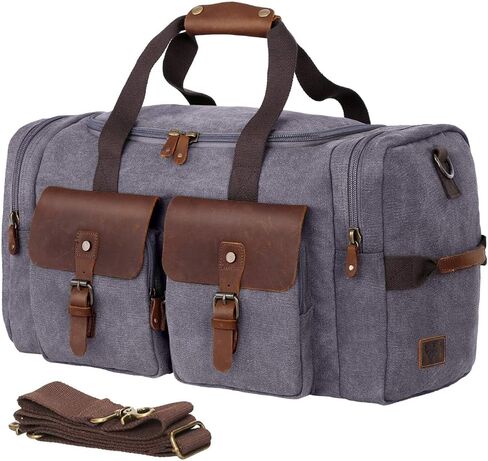 حقيبة WOWBOX Duffle Bag لعطلة نهاية الأسبوع من القماش الخشن للرجال والنساء مصنوعة من الجلد الطبيعي والقماش للسفر طوال الليل مع حجرة للأحذية باللون الرمادي in Kuwait