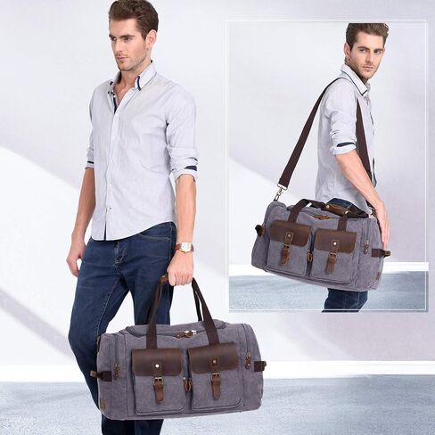 حقيبة WOWBOX Duffle Bag لعطلة نهاية الأسبوع من القماش الخشن للرجال والنساء مصنوعة من الجلد الطبيعي والقماش للسفر طوال الليل مع حجرة للأحذية باللون الرمادي in Saudi Arabia