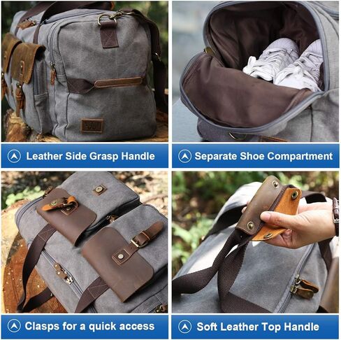 حقيبة WOWBOX Duffle Bag لعطلة نهاية الأسبوع من القماش الخشن للرجال والنساء مصنوعة من الجلد الطبيعي والقماش للسفر طوال الليل مع حجرة للأحذية باللون الرمادي in Kuwait