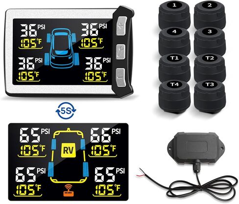RV/Trailer Tire Pressure Monitoring System, Tire Pressure Monitor with Color LCD Display, TPMS with 8 Sensors for Travel Trailer/5th Wheel/Camper, 0-87PSI with 120ft Transmission Distance in Saudi Arabia