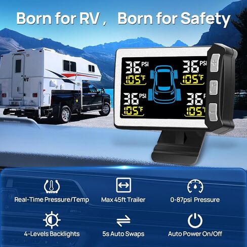 RV/Trailer Tire Pressure Monitoring System, Tire Pressure Monitor with Color LCD Display, TPMS with 8 Sensors for Travel Trailer/5th Wheel/Camper, 0-87PSI with 120ft Transmission Distance in Saudi Arabia