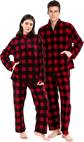 dressfan 2 Piece Unisex Plaid Pajamas Set,Quarter Zip Thermal Pajamas Pullover Christmas PJS Set for Family Couples in Kuwait