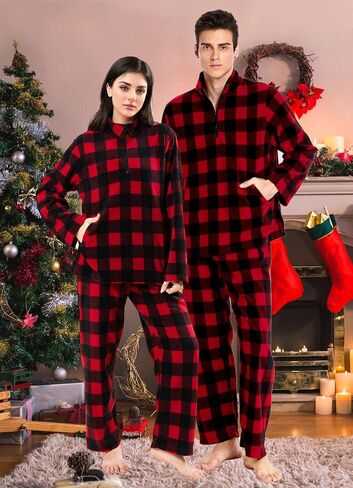 dressfan 2 Piece Unisex Plaid Pajamas Set,Quarter Zip Thermal Pajamas Pullover Christmas PJS Set for Family Couples in Kuwait