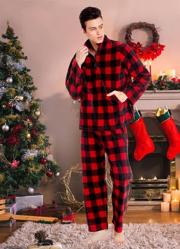 dressfan 2 Piece Unisex Plaid Pajamas Set,Quarter Zip Thermal Pajamas Pullover Christmas PJS Set for Family Couples in Kuwait