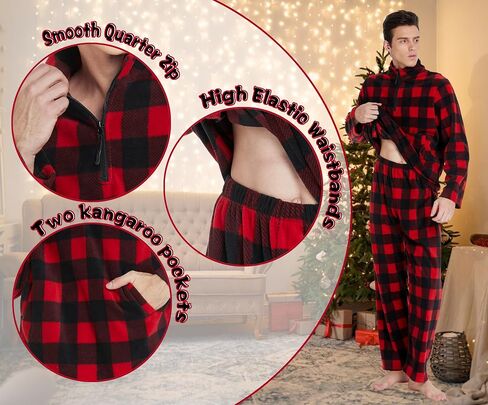 dressfan 2 Piece Unisex Plaid Pajamas Set,Quarter Zip Thermal Pajamas Pullover Christmas PJS Set for Family Couples in Kuwait