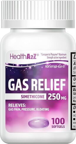 HealthA2Z® سيميثيكون لتخفيف الغازات 250 مجم | تخفيف سريع للغازات | تخفيف الأعراض بشكل طبيعي (100 كبسولة هلامية (عبوة من 1)) in Kuwait