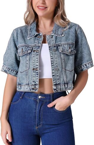 Women's Denim Jackets Cropped Short Sleeve Button Up Casual Crop Jean Jacket in Saudi Arabia