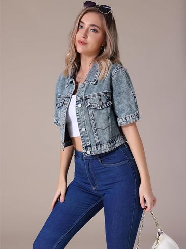 Women's Denim Jackets Cropped Short Sleeve Button Up Casual Crop Jean Jacket in Saudi Arabia
