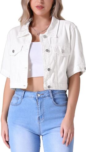 Women's Denim Jackets Cropped Short Sleeve Button Up Casual Crop Jean Jacket in Saudi Arabia
