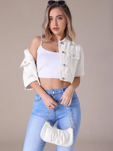 Women's Denim Jackets Cropped Short Sleeve Button Up Casual Crop Jean Jacket in Saudi Arabia