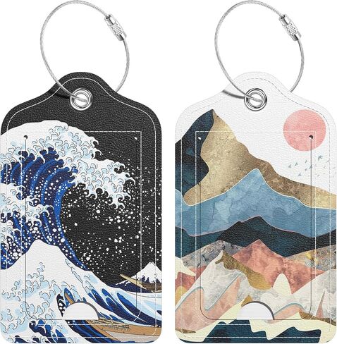 Hsxnam 2 Pack PU Leather Luggage Tags for Suitcase, Travel Cruise Luggage Tag with Privacy Flap, Name ID Label and Metal Loop for Women Men Baggage Handbag School Bag Backpack, Sea Wave Sun in Kuwait