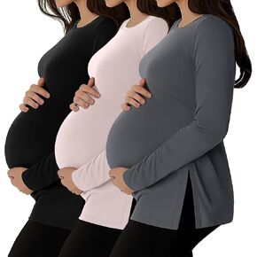 Riyiper 3 Pack Women's Maternity Shirts Split Side Crew Neck Pregnancy Tee Tops Long Sleeve Loose Fit Casual Mama Clothes