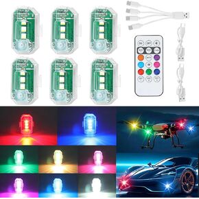 Kairiyard 6PCS Wireless LED Lights for Car with Remote Control, 8 Colors Wireless LED Strobe Light USB Charing Anti-Collision Warning Light for Car Drone Truck Motorcycle Aircraft Bike