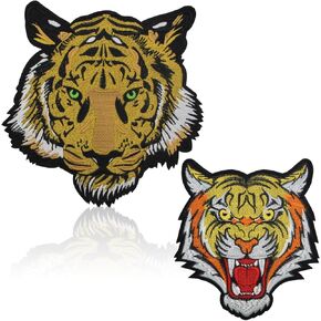 2PCS Large Tiger Head Iron on Patches, 10 inches Embroidered Repair Patches for Clothes, Custom Vintage Applique for Hats, Jeans, Jackets, Bags, Backpacks, Dress