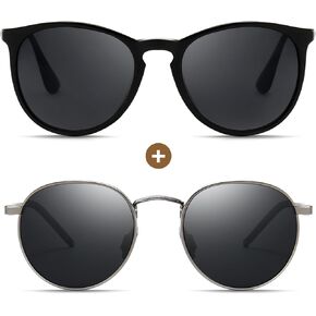 SUNGAIT Black Vintage Round Sunglasses + Small Round Polarized Sunglasses