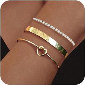 Gold Bracelets for Women 18k Gold Plated Bracelet Stack Bangle Cuff Bracelet Set for Women Non Tarnish Beaded/Paperclip/Cuban Link Chain Bracelets Jewelry for Women Trendy