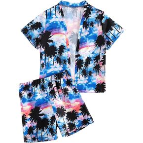 Floerns Boy's 3 Piece Outfits Hawaiian Tropical Kimono Swim Trunk Sets with Swim Cap