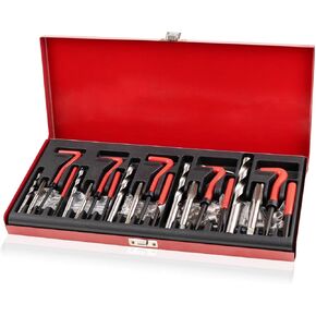 Premium 131-Piece Metric Helicoil Thread Repair Kit, Comprehensive HSS Drills, Inserts, Taps, and Tools for M5, M6, M8, M10, M12, Ideal for Automotive and Engine Repairs