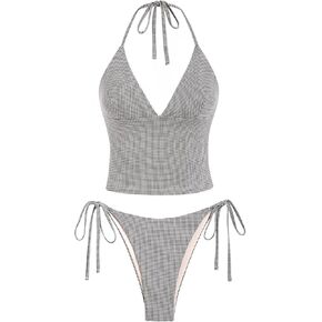 ZAFUL Women's Halter Tankini Swimsuits V Neck Tummy Control Tie Side Thong Bikini Swimsuits 2 Piece Bathing Suits