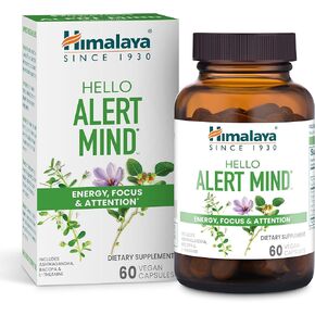 Himalaya Hello Alert Mind with L-Theanine, Ashwagandha, Bacopa, Vitamin B6 & B12, for Energy, Focus & Attention, Vegan, Gluten Free, 60 Capsules