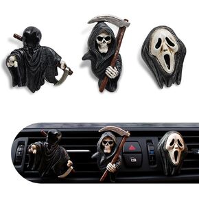 3 PCS Car Dashboard Decorations, Grim Reaper Shaped Car Air Vent Decorations, Halloween Skull Decorations, Universal for Most Cars (Black)