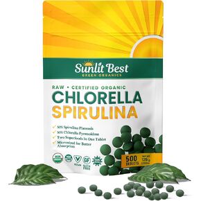 Sunlit Best Organic Burst Chlorella Spirulina Tablets - Pure Superfood Supplement with Blue Green Algae, Chlorophyll & Vegan Protein, Spirulina Chlorella Pills 1000 Tabs