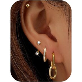 4 Pairs Gold Earrings Set for Women Hypoallergenic Stainless Surgical Steel Flat Back Stud Hoop Stacks for Multiple Piercing Dangle Huggie Tragus Helix Cartilage Piercing Jewelry Jacket Pack Silver