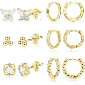 ALEXCRAFT Small Gold Hoop Earrings Set for Women Diamond Pave Gold Earrings Set with Sterling Silver Post