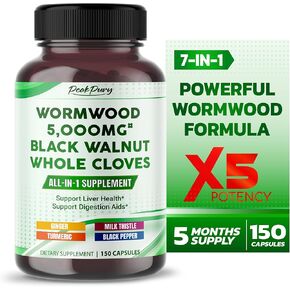 All-in-1 Wormwood 5,000mg Black Walnut 1,000mg Whole Cloves 1,000mg Ginger 500mg - Supports Liver Health & Aids Digestion - Made in The USA -150 Capsules