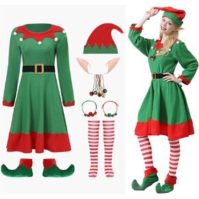 8PCS Elf Costume for Women with Elf Ears Bell Necklaces and Bell Bracelets Christmas Cosplay Costume Dress