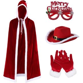4 Pcs Women Christmas Costume Set Miss Claus Costume Includes Lighted LED Cowgirl Hat Velvet Hooded Robe Cloak Furry Gloves and Merry Christmas Glasses Deluxe Xmas Party Cosplay