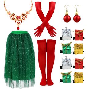 13 Pcs Women Christmas Movie Costume Necklace Colorful Gift Box Hair Clips Green Tutu Gloves Socks for Cosplay