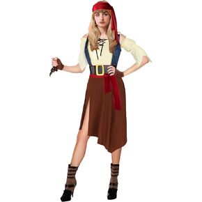 Pirate Costume Women Pirate Dress Adults,White Blouse, Blue Vest, Brown Skirt, Red headscarf, Halloween Cotume