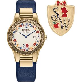 Citizen Ladies' Eco-Drive Disney Princess Snow White Gold Stainless Steel Case with Blue Leather Strap Watch and Pin Gift Set, Pale Gold Dial, Date (Model: GA1079-41W)