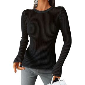 Trendy Queen Going Out Tops for Women Sheer Long Sleeve Tops 2024 Fall Crewneck Mesh See Through Sweaters Y2k Outfits