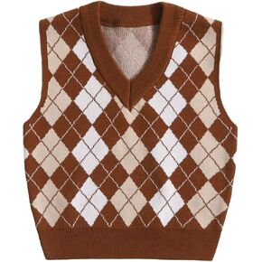Milumia Girl's Casual Argyle Plaid Sweater Vest Round Neck Sleeveless Crop Top Brown 9Y