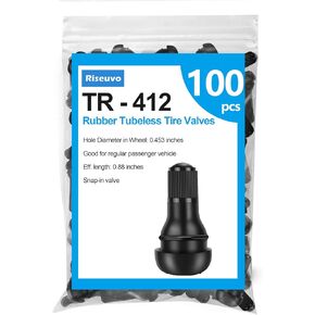 Riseuvo 100pcs TR412 Tire Valve Stem - Rubber Snap-in Valves, Tubeless Valve Stems Suit for 0.453 inch Rim Holes on Standard Vehicle Tires