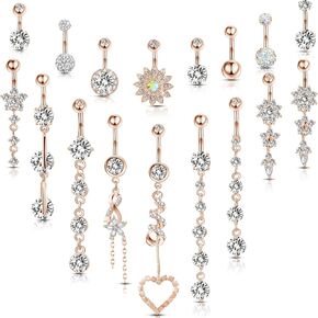 Yaomiao 18 Pcs 14G Stainless Steel Belly Button Ring Rhinestone Heart Dangle Belly Button Rings for Women Belly Button Rings
