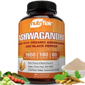 NutriFlair Organic Ashwagandha Root Extract 1950mg, 180 Capsules - with Organic Black Pepper - Stress and Mood Support - Powerful Adaptogenic Benefits and Overall Health - Made in USA