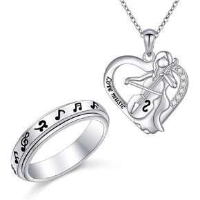 S925 Cello Girl Heart Necklace and Music Note Spinner Ring Jewelry Set