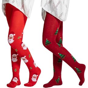 2 Pairs Girls Patterned Red Tights Christmas Holiday Stockings Kids Snowflake Printed Tights for Girls 4-10t