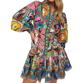 Qikaka Women's Long Puff Sleeve Turtleneck Printed Button Bodycon Sexy Nightclub Party Blouse Dress