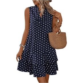 Women's Summer Dresses 2024 Polka Dots V Neck Sleeveless Tank Mini Dress Ruffle Smocked Tiered Layer Sundresses