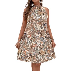 Women's Plus Size Boho Paisley Print Dress Sleeveless Tie Back Halter Summer Dresses Tropical Dress