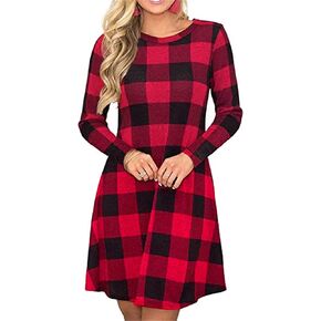 PRIMODA Women's Long Sleeve Empire Waist Buffalo Plaid Midi Swing Dress with Belt