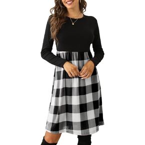 PRIMODA Women's Long Sleeve Empire Waist Buffalo Plaid Midi Swing Dress with Belt in Kuwait