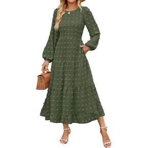 ZESICA Women's Fall Long Sleeve Maxi Dresses Casual Crew Neck Swiss Dot Tiered Flowy A Line Wedding Guest Dress