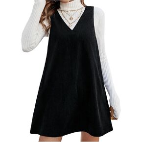 Women's V Neck Sleeveless Corduroy Dress Casual Tank Pinafore Overall Dresses