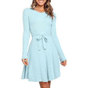 ANRABESS Women's Long Sleeve Midi Dress Crewneck Tie Waist A-Line Swing Casual Bodycon Ribbed Knit 2024 Fall Sweater Dress