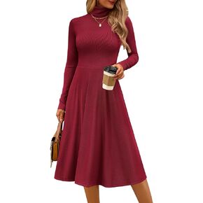 CFLONGE Women's Casual Ribbed Knit High Neck Dress Long Sleeve Fall Dress for Women 2024 Lightweight A Line Flare Dresses